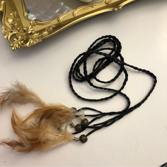 Leather Strand Wrap Choker with Feathers - Picture 2 of 5